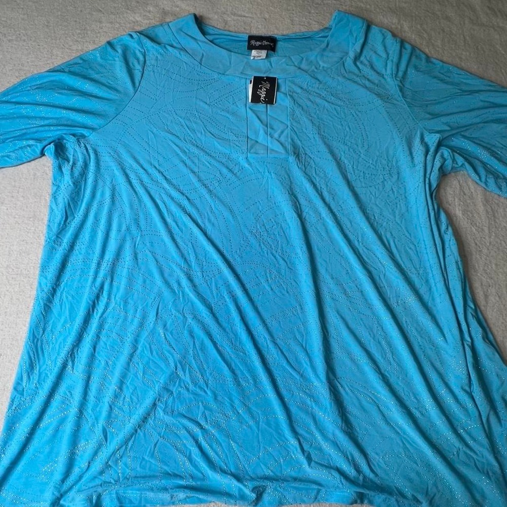 Maggie Barnes Blue Textured Short Sleeve T-Shirt Plus Size 2X 680451